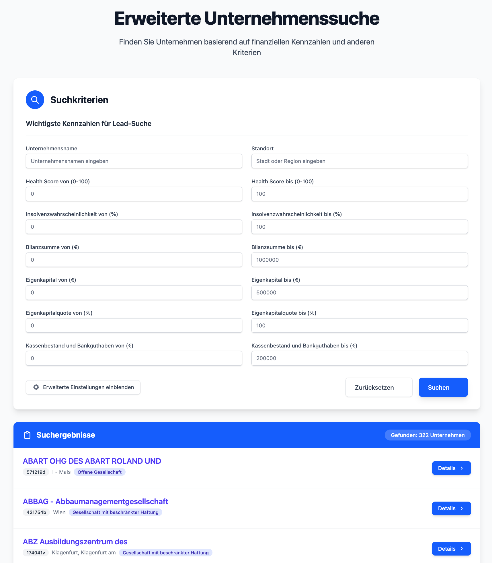 Screenshot der erweiterten Unternehmenssuche